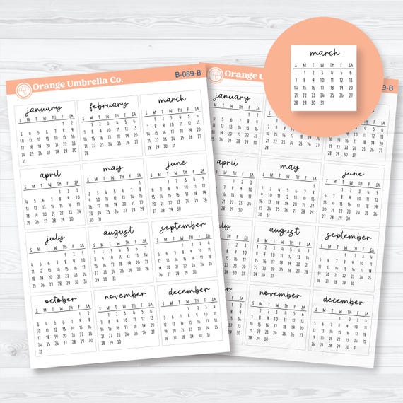 2027 Mini Calendar Planner Stickers | F17 Script Mini Monthly Calendars | B-089