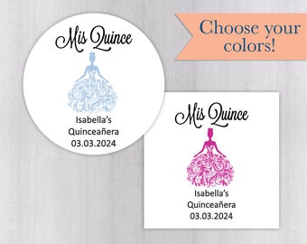 Personalized Mis Quince Stickers, Etiquetas de Quinceañera Personalizadas, Sweet 15 Favor Labels, Fairytale Quinceañera Stickers (#027-WH)