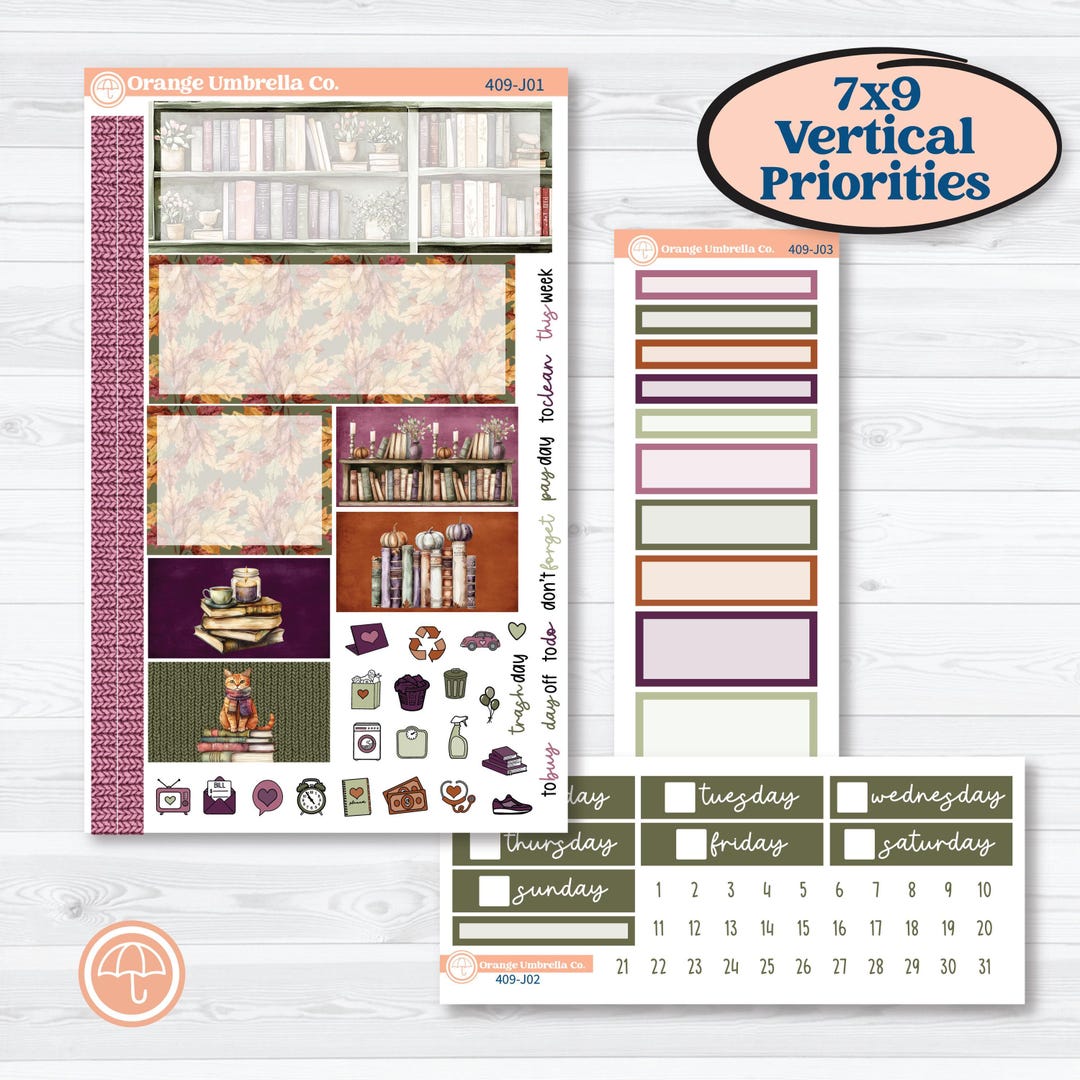 Autumn Reading Kit | Plum Vertical Priorities 7x9 Planner Kit Stickers ...