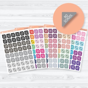 May include: Sheets of colorful planner stickers with a variety of designs. Each sheet features a repeating pattern of square stickers with a decorative swirl and the text "NO SCHOOL". The stickers come in various colors, including black, gray, pink, and purple.