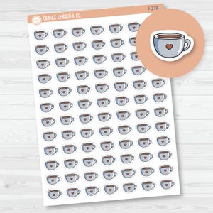 May include: Sheet of stickers featuring a repeating pattern of coffee cups. Each cup is light blue with a brown liquid and a red heart. The stickers are from Orange Umbrella Co. and are labeled 1-278.