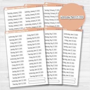 May include: Sheets of white paper with dates and days of the week printed in black. The text "Wednesday, March 25, 2026" is on a peach-colored circle. The sheets are labeled "Orange Umbrella Co."