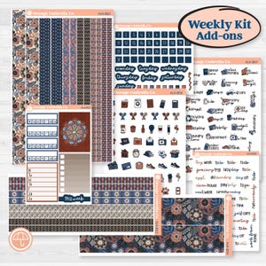 May include: A collection of planner stickers in various designs and colors. The stickers include floral patterns, geometric shapes, and functional labels for scheduling and organization. The color palette features shades of blue, brown, and peach.