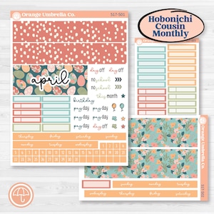 May include: Planner stickers with a spring theme. The stickers include a calendar, decorative elements, and the word "April". The colour palette includes coral, teal, and peach. The stickers are designed for a Hobonichi Cousin Monthly planner.