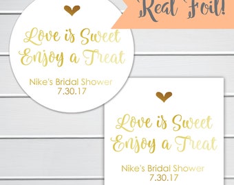 Love is Sweet, Enjoy a Treat Stickers, Gold Foiled Treat Labels, Favor Stickers, Wedding Favor Stickers (#321-F)