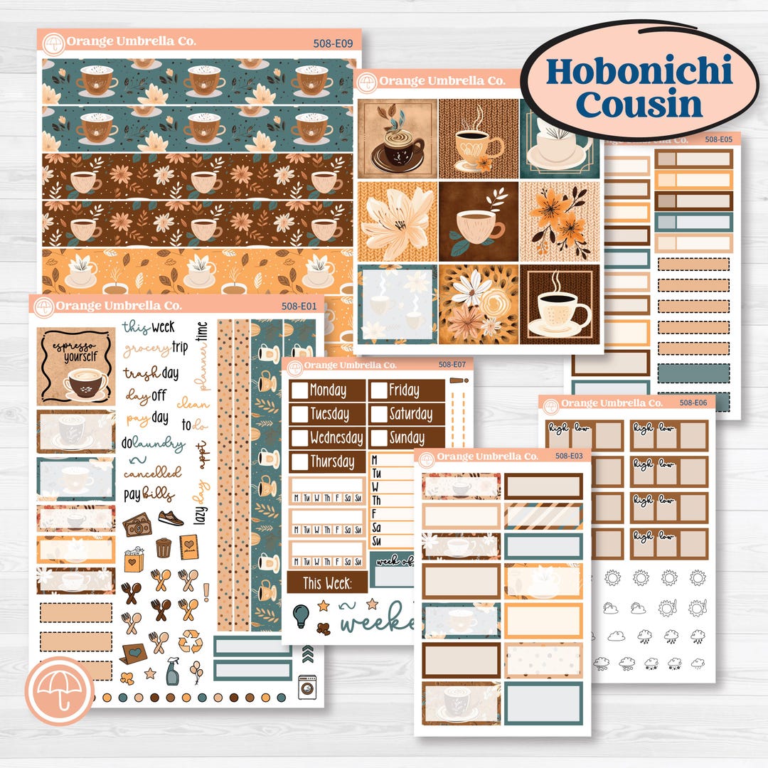 Coffee & Florals Sticker Kit | Hobonichi Cousin Weekly or Daily Planner ...