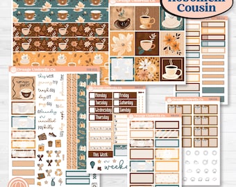 Coffee & Florals Sticker Kit | Hobonichi Cousin Weekly or Daily Planner Kit Stickers | Mocha | KIT-508-E
