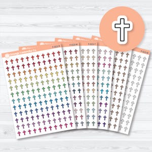 May include: Sheets of colorful cross stickers from Orange Umbrella Co. The stickers are arranged in rows and columns, with each sheet featuring a different color palette. A circular sticker with a cross is also visible.