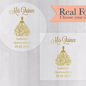 Foiled Mis Quince Transparent Stickers, Etiquetas de Quinceañera Personalizadas, Clear Sweet 15 Favor Labels, Gold Foil Stickers (#027-CF)