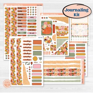 Peut inclure: Une collection de planches d'autocollants Orange Umbrella Co. avec des motifs floraux, des illustrations de citrouilles et divers éléments de planification comme les jours de la semaine, des listes et des bordures décoratives orange, vert et rose.