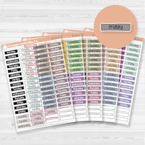 May include: A collection of planner stickers featuring days of the week, including "Monday," "Tuesday," "Wednesday," "Thursday," "Friday," "Saturday," and "Sunday." The stickers are in various colors and designs, with a sticker that says "friday".
