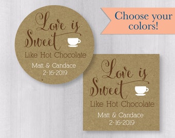 Personalized Love is Sweet Wedding Stickers, Hot Cocoa Kraft Brown Rustic Wedding Stickers, Hot Chocolate Mix Favor Stickers (#177-KR)