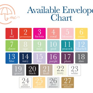 May include: A color chart for envelopes, featuring 27 color options. Each color is displayed in a numbered square, with names like red, navy, and ivory. The text "Available Envelope Chart" is at the top.
