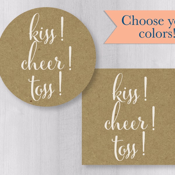 Kiss Cheer Toss Wedding Confetti Kraft Stickers, Wedding Bird Seed Stickers, Kraft Wedding Labels (#106-KR)