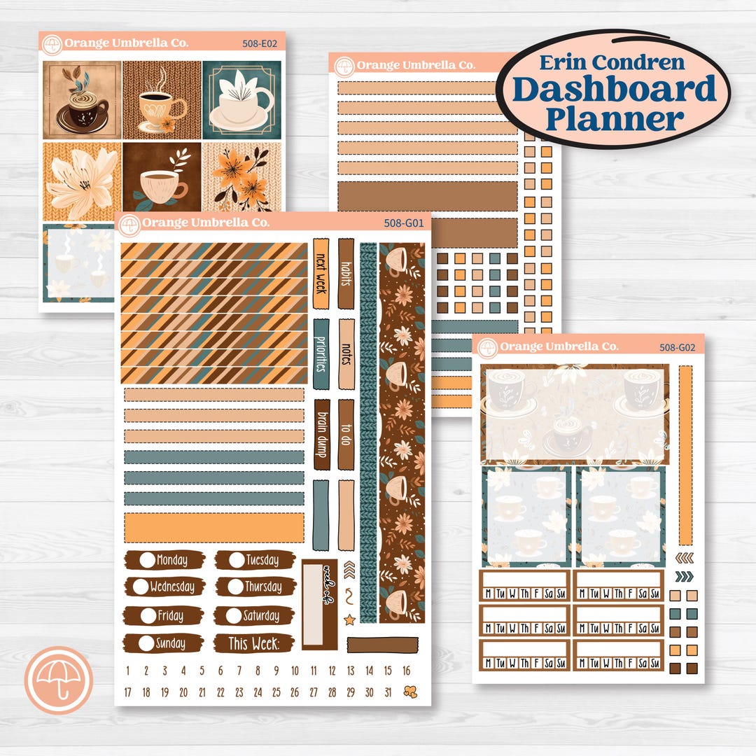 Coffee & Florals Sticker Kit | Erin Condren 7x9 Weekly Dashboard ...