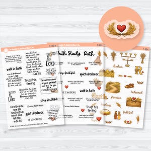May include: Three sticker sheets with religious-themed designs. The sheets feature phrases like "walk in faith" and "Trust his timing," along with illustrations of wheat and hearts. A circular sticker with a heart and wheat is also included.