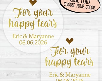 105 Personalized "Happy Tears" Wedding Favor Stickers - Brown Kraft Effect, Customizable