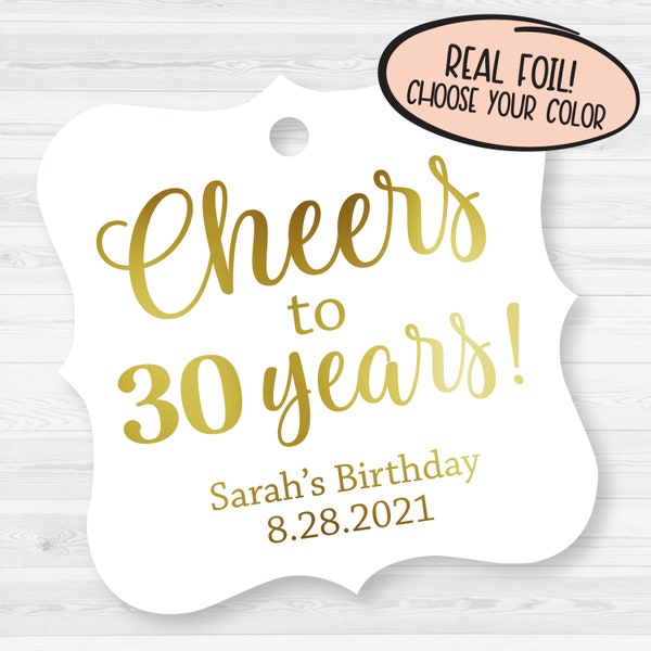 Cheers to 30 Years Birthday Party Tags, Foiled Fancy Shaped Favor Tags, Gold Foil Birthday Favor Tags (FS-152-F)