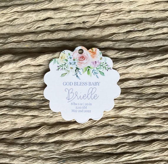 Kayla - God Bless Baby Birth Announcement Hang Tags, Floral Baby Shower Tags, Christening or Baptism Tags (SC-633-005)
