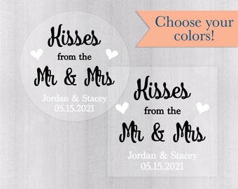 Hugs and Kisses Wedding Labels, Clear Transparent Wedding Stickers, Hugs and Kisses from the Mr & Mrs Wedding Favor Stickers (#616-C)