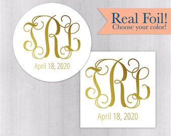 Foiled Wedding Favor Stickers, Monogrammed Wedding Stickers, Foiled Monogram Wedding Labels (#155-F)