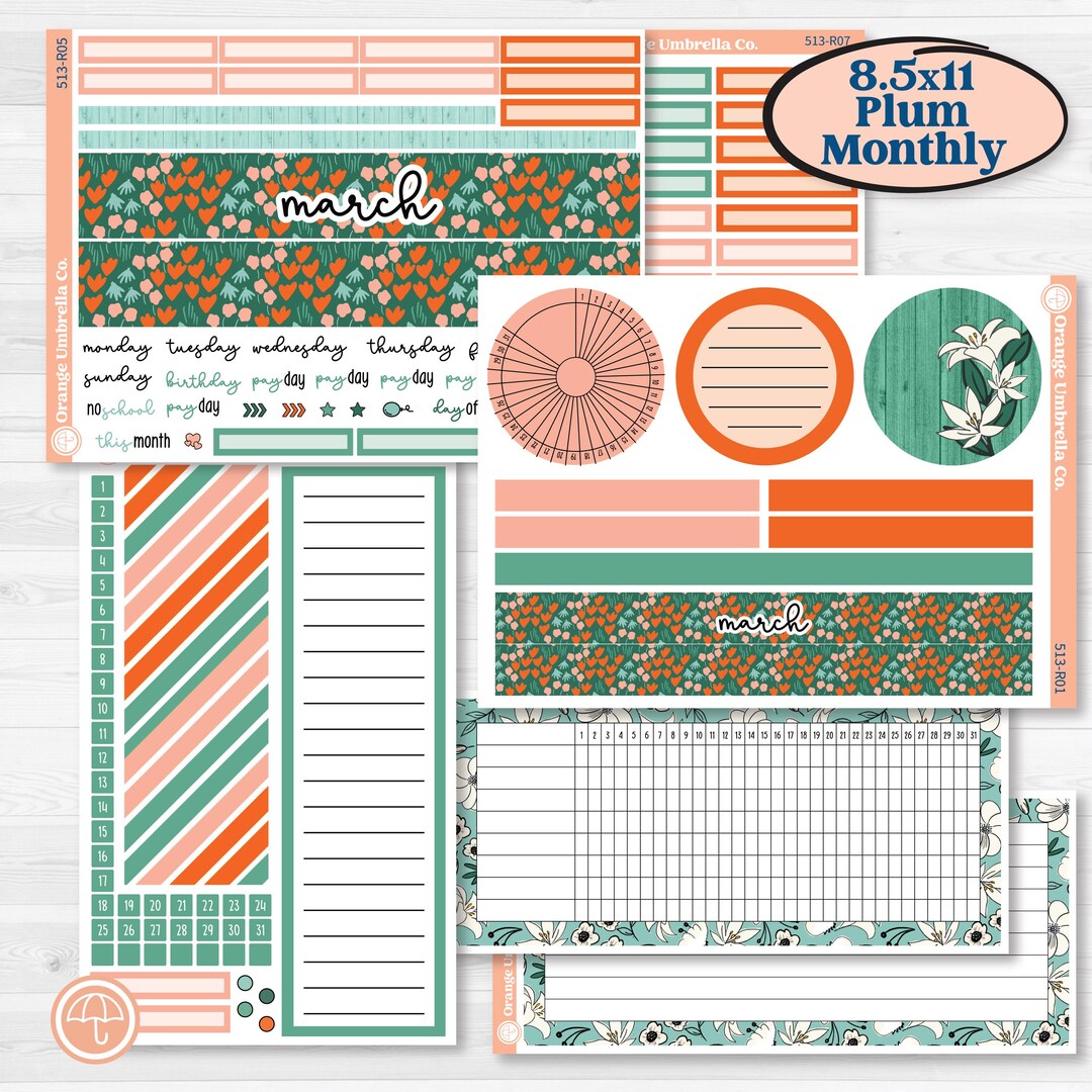 Playful March Florals | 8.5x11 Plum Monthly & Dashboard Planner Kit ...