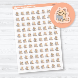 May include: A sheet of stickers with a repeating pattern of cartoon cats wearing glasses and using laptops. A larger sticker shows a cat with glasses and a laptop on a peach-coloured circle. The stickers are from Orange Umbrella Co.