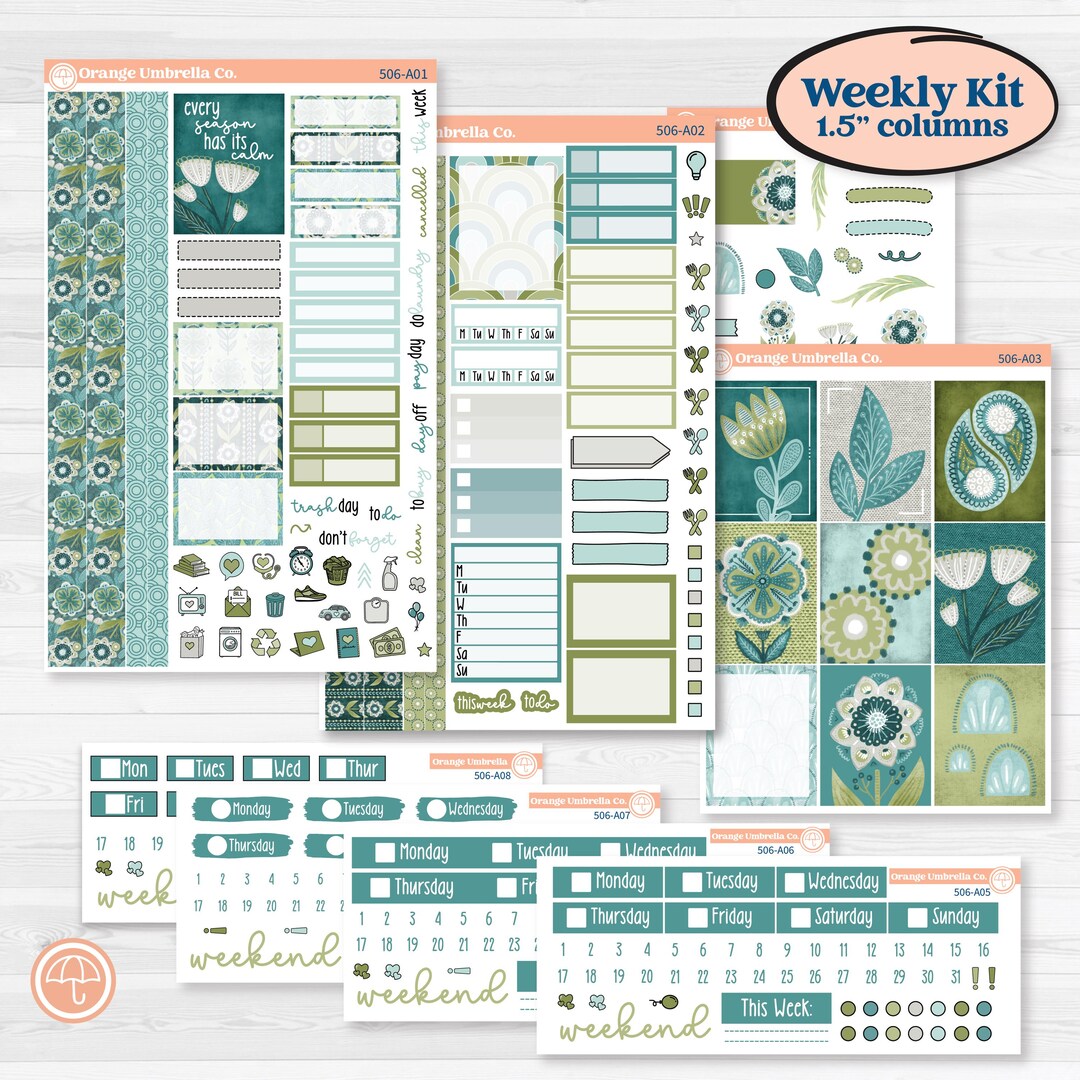 Soft Blue Florals Kit | Weekly Sticker Kit for Vertical Planners Like ...