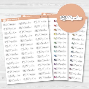 May include: Sheets of stickers with the text "track practice" and a small sneaker graphic. The stickers are in various colors, including red, yellow, green, blue, purple, and pink. The stickers are on a white background.