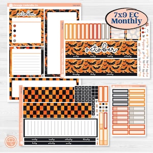 May include: A set of Halloween-themed planner stickers by Orange Umbrella Co. featuring bat patterns, orange and black checkered designs, and the text "October" and "7x9 EC Monthly". Includes various functional boxes, checklists, and date labels.