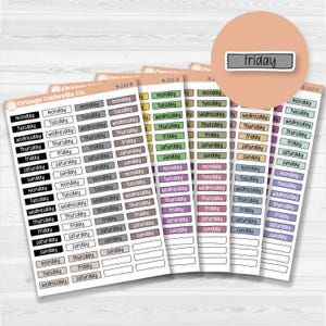 May include: A collection of planner stickers with days of the week labels. The stickers are in various colors and designs, with the days of the week printed in a clean font. A sticker with the word "friday" is also included.