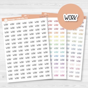 May include: Sheets of stickers with the word "WORK" in a handwritten font. The stickers are in various colors, including black, pink, and orange. The stickers are from Orange Umbrella Co.