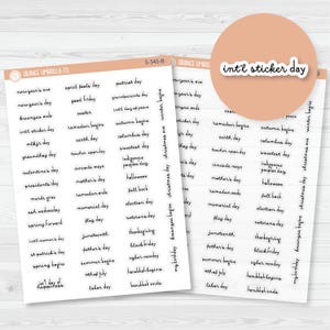 May include: Two sheets of stickers with various holiday and event labels, including "int'l sticker day." The stickers are black text on a white background. A circular sticker with "int'l sticker day" is also visible.