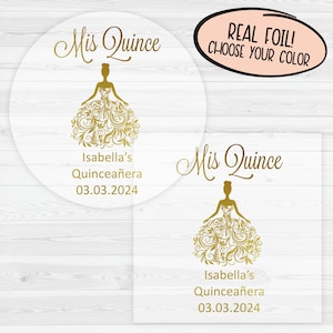 Foiled Mis Quince Transparent Stickers | Etiquetas de Quinceañera Personalizadas | Clear Sweet 15 Favor Labels Gold Foil Stickers | 027-CF