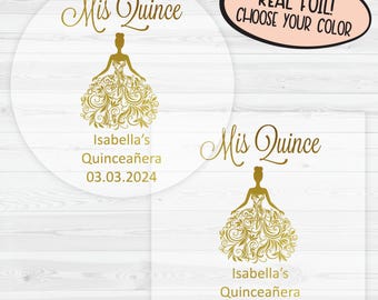 Foiled Mis Quince Transparent Stickers | Etiquetas de Quinceañera Personalizadas | Clear Sweet 15 Favor Labels Gold Foil Stickers | 027-CF