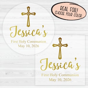 Baptism or First Communion Stickers | Foiled First Holy Communion For Favors | Clear Stickers | 636-CF