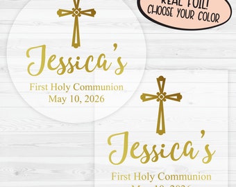 Baptism or First Communion Stickers | Foiled First Holy Communion For Favors | Clear Stickers | 636-CF