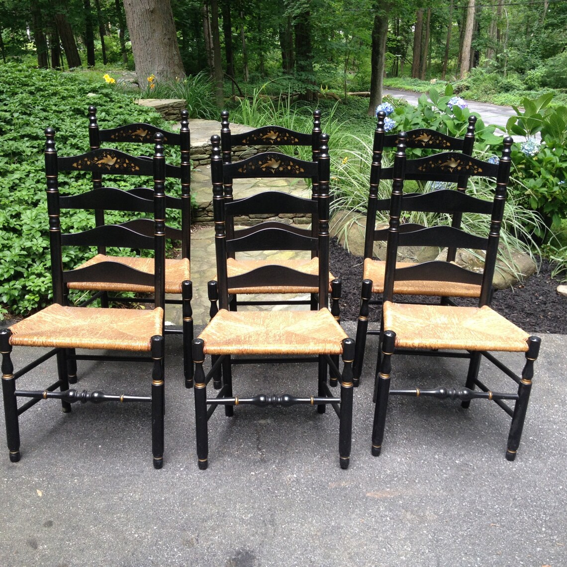 6 Vintage Hitchcock Reproduction Ladder Back Chairs Etsy