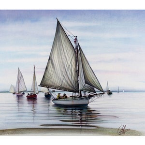 May include: A watercolor painting of a sailboat with a white sail and a wooden hull. The sailboat is in the water with other sailboats in the background. The sky is a light blue color with some clouds.