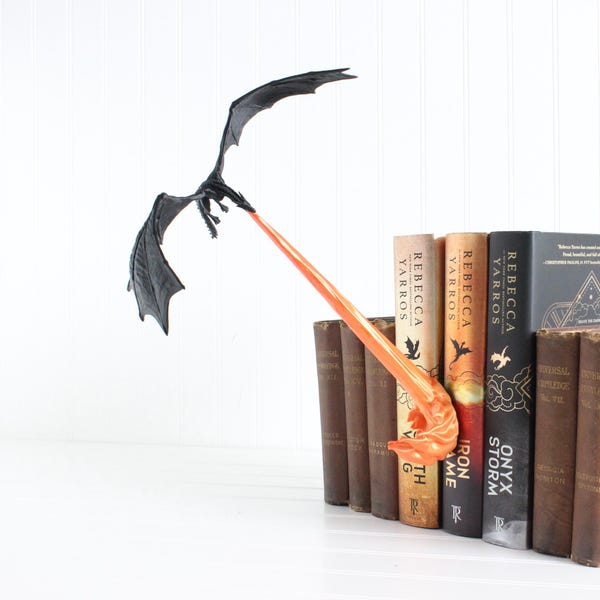 Drago sputafuoco, decorazione per libreria a forma di drago, angolo lettura della quarta ala, appassionato di libri, viverna