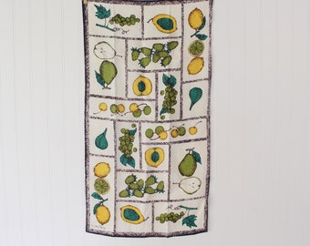 Mid Century Tea Towel, Fruit Linen Towel, Turquoise Yellow Green Teal Kitchen Towel, Strawberry Lemon Blueberry Pear Grapes