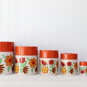 Vintage Orange Floral Kitchen Canisters and Salt and Pepper, Colorful Containers Jars, 1960s 1970s Mid Century Modern, Yellow Orange Red