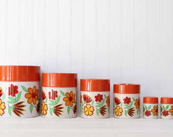 Vintage Orange Floral Kitchen Canisters and Salt and Pepper, Colorful Containers Jars, 1960s 1970s Mid Century Modern, Yellow Orange Red