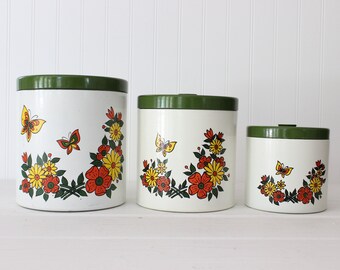 Vintage Butterfly Flower Kitchen Canisters, Yellow Orange Red Green Jars, 1960s 1970s Mid Century Modern, Japan Style