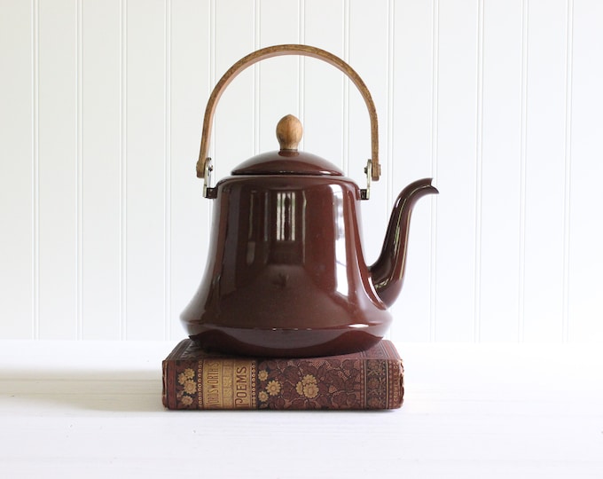 Mid Century Modern Brown Enamel Tea Kettle, Teapot, Wood Handle Etsy
