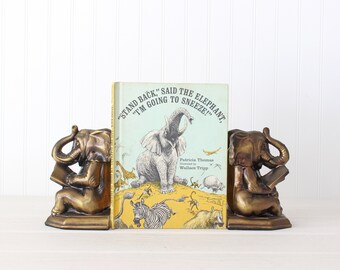 Brass Elephant Bookends, Elephant Reading Book, Beginning Reader, Bohemian Decor Boho Library Bookshelf Gold African Safari Zoo Nursery