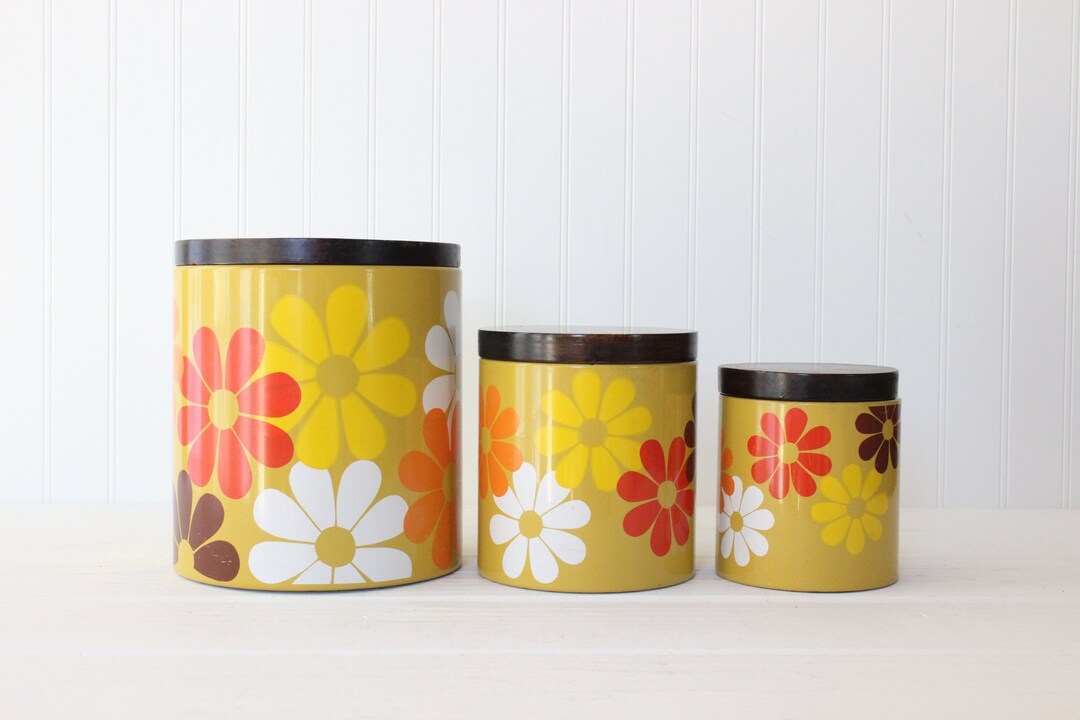 Vintage Floral Kitchen Canisters Set of 3 Yellow Red Purple Etsy