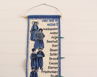 Vintage Dutch Grocery List, Blue and White Wall Hanging Linen, Shopping List Kitchen Decor