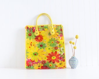Mid Century Flower Vinyl Tote Bag, Mod Floral Plastic Shopping Bag, Reusable Grocery Bag for Farmer's Market