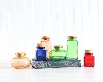 Vintage Colorful Glass Jars with Cork Lids, Collection of Small Glass Jars from Spain, Recycled Glass Jars